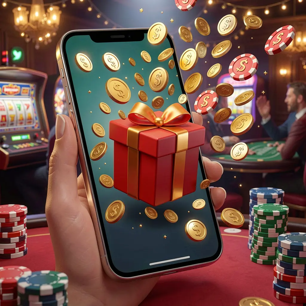 GL9999 mobile casino bonus app concept showing a phone screen with a gift box and coins bursting out in a festive casino atmosphere