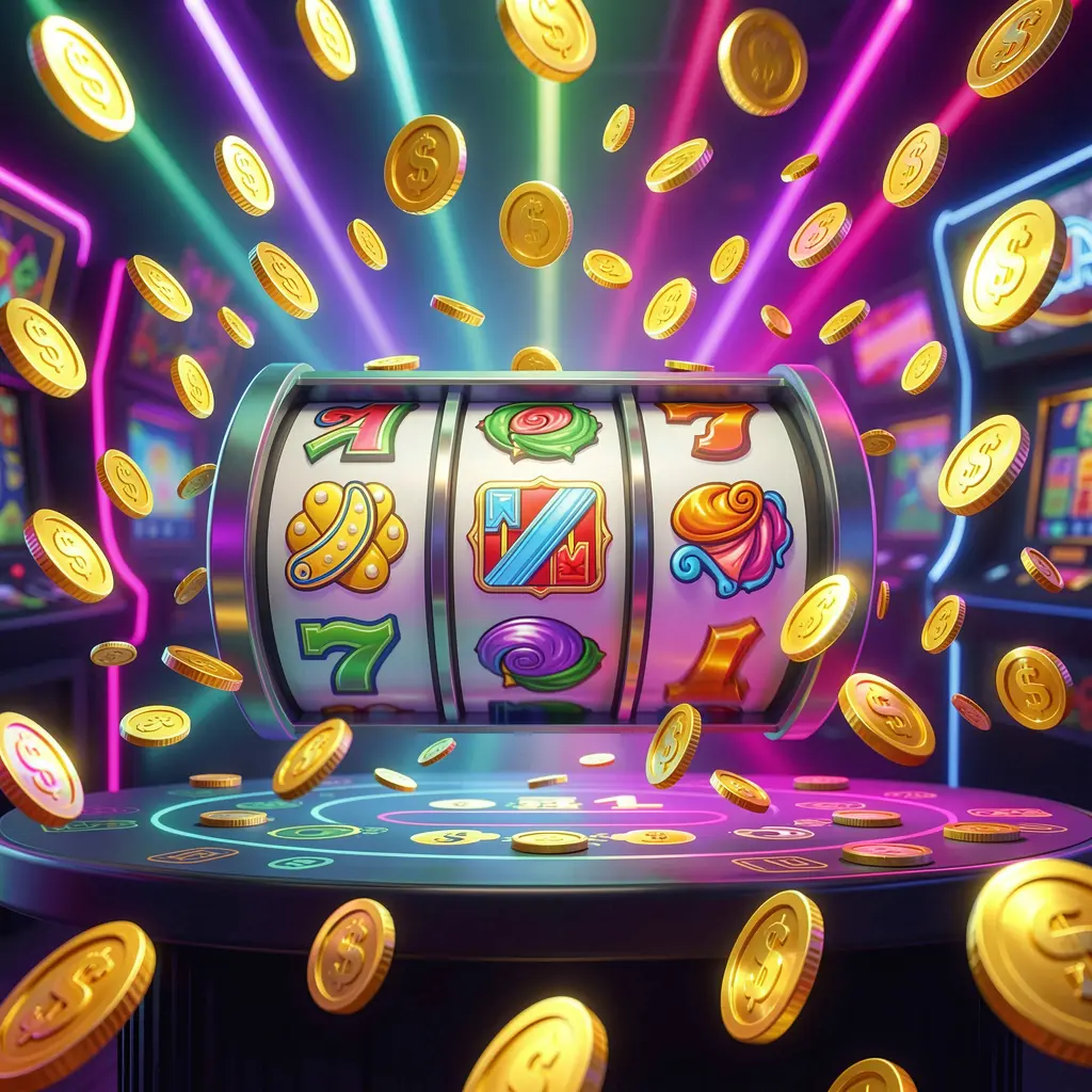 GL9999 free spins casino scene featuring slot machine reels spinning with golden coins flying around under colorful neon lights, creating an exciting jackpot atmosphere in a premium 3D illustration