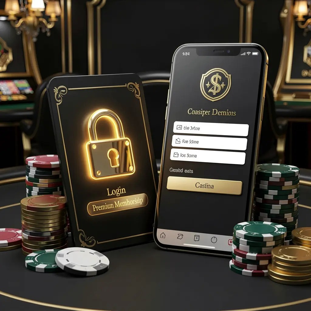 GL9999 casino member login concept featuring a premium membership card beside a smartphone with a glowing lock symbol, poker chips, and coins on a black and gold luxury background in a realistic 3D illustration