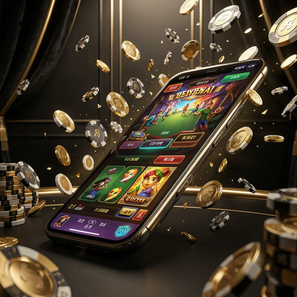 GL9999 modern online casino main page visual featuring a smartphone with a glowing gaming interface, surrounded by flying coins and chips in a black and gold luxury atmosphere